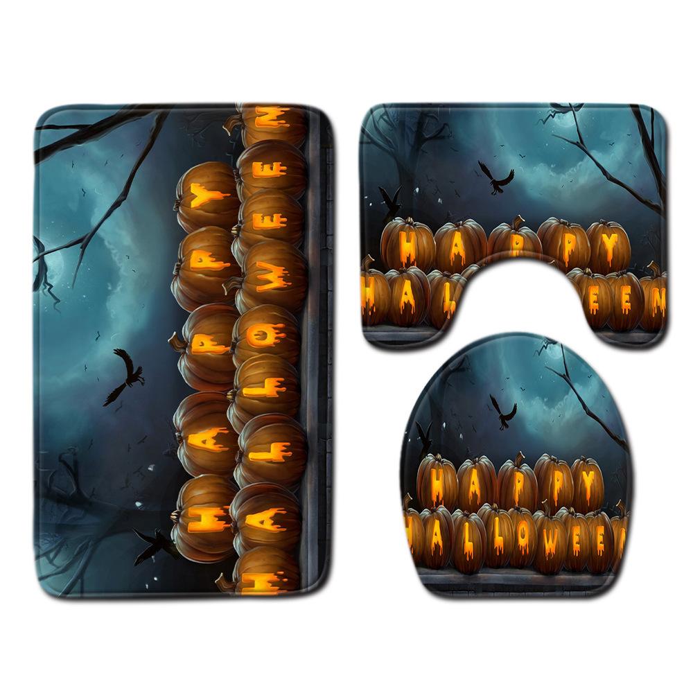 Halloween Shower Curtain Floor Mat Three-Piece Combination Set, Living Room Sand Absorbent Carpet, Bedroom Non-Slip Door Mat