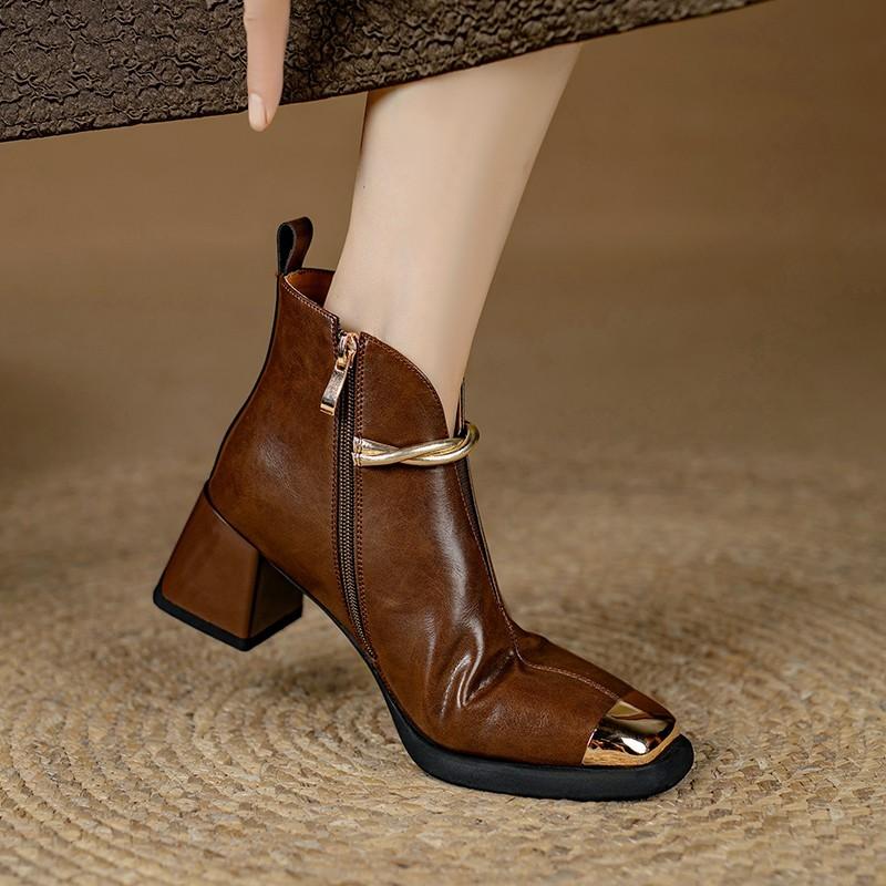 Fashion Block Heel Single Boots Autumn New Metal Pointed Toe Pearl Buckle Side Zip Non-Slip Naked Boots