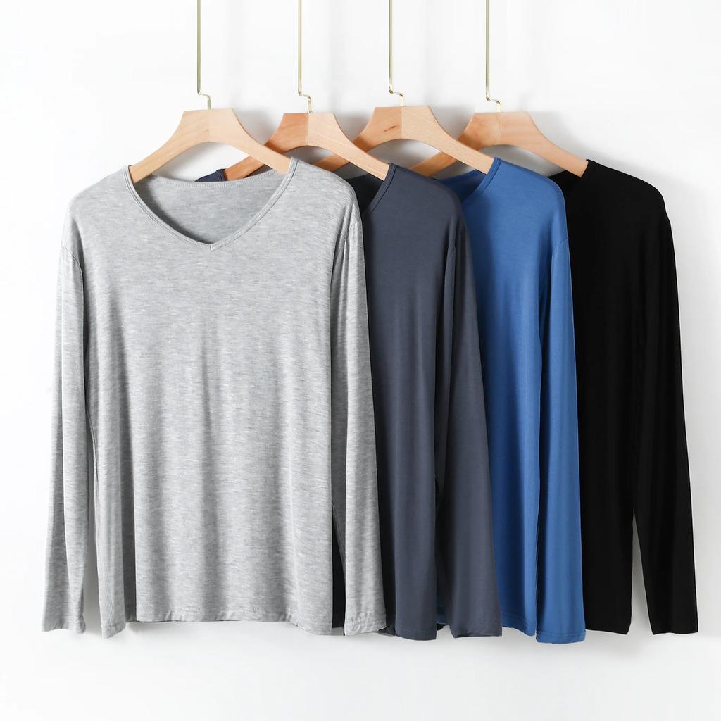 Modal Mens Homewear Pajamas V-neck Long Sleeve Pants Kit Draping Smooth Elastic Comfortable Sleepwear Pyjama Homme