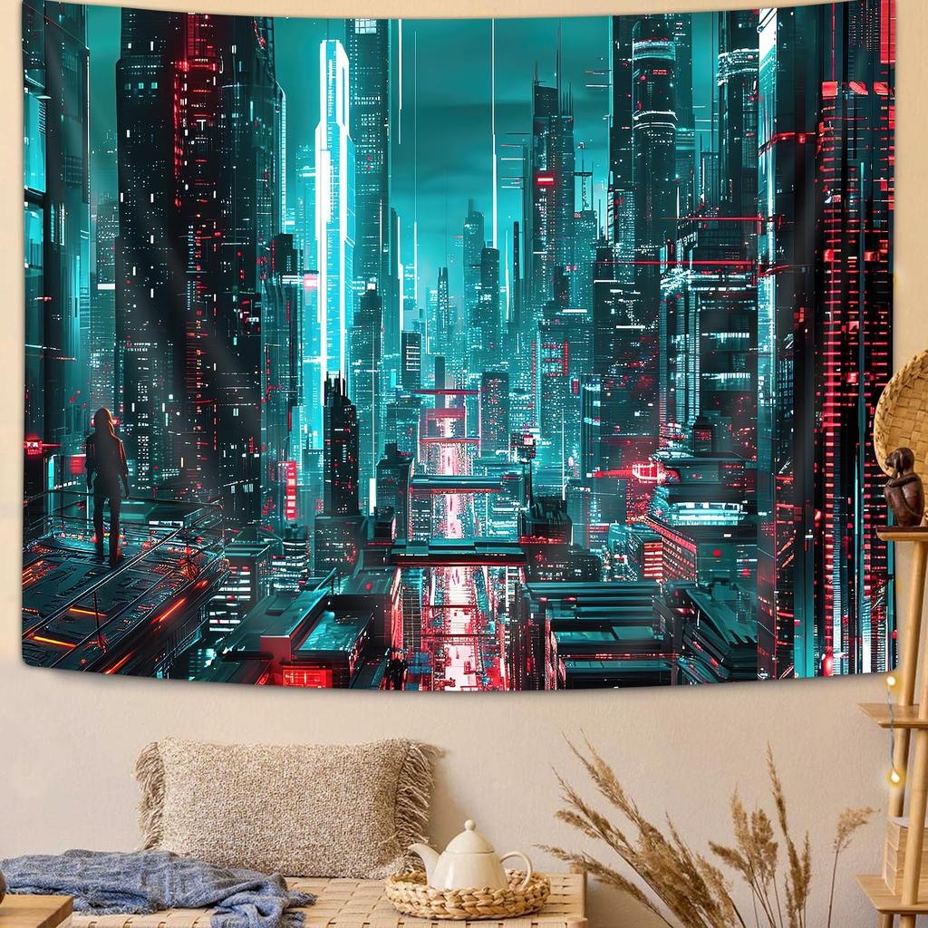 Cyberpunk City Wall Tapestry Neon Urban Art Sci Fi Landscape Bedroom Decor Futuristic Cityscape Hanging Tech Design
