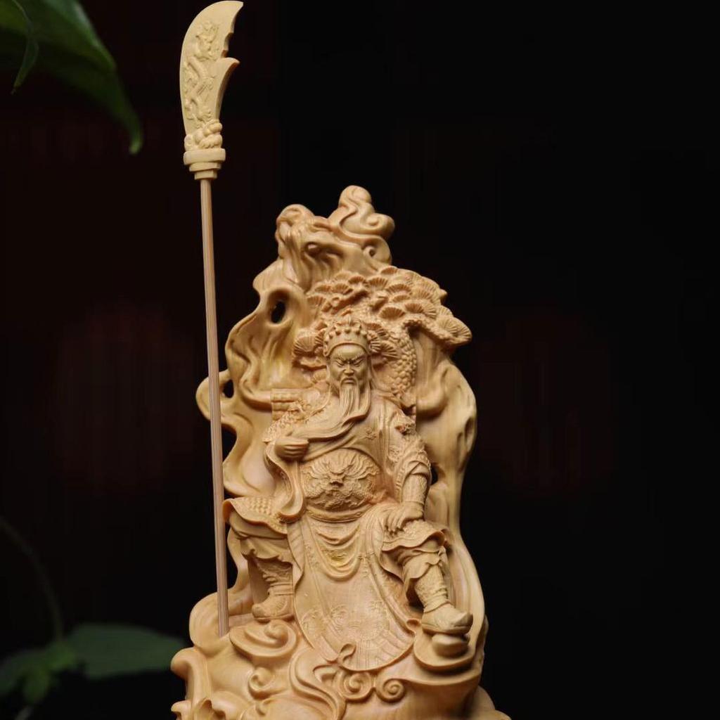 Small-Leaf Boxwood Carving: Mighty Guan Gong Ornament, Scenic Spot Style