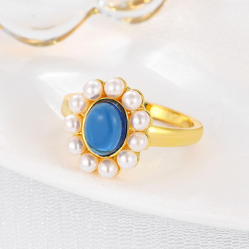 Inlaid Sapphire Small Pearl Ring Women's Retro Temperament Niche Light Luxury Fashion Atmospheric Ring Jewelry