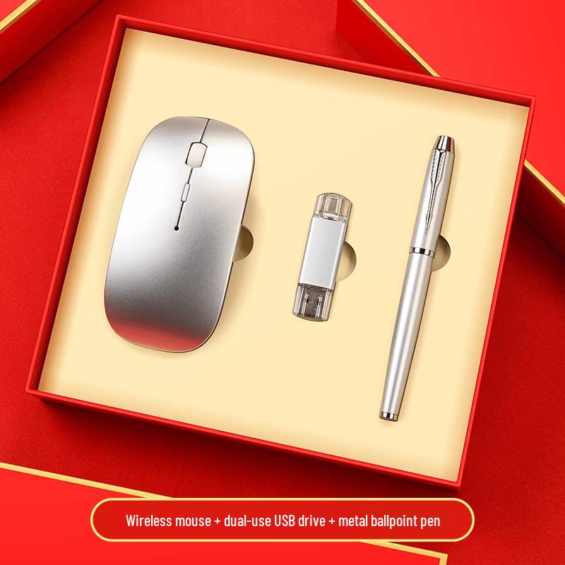 

Silver Wireless Mouse, USB, and Pen Gift Set