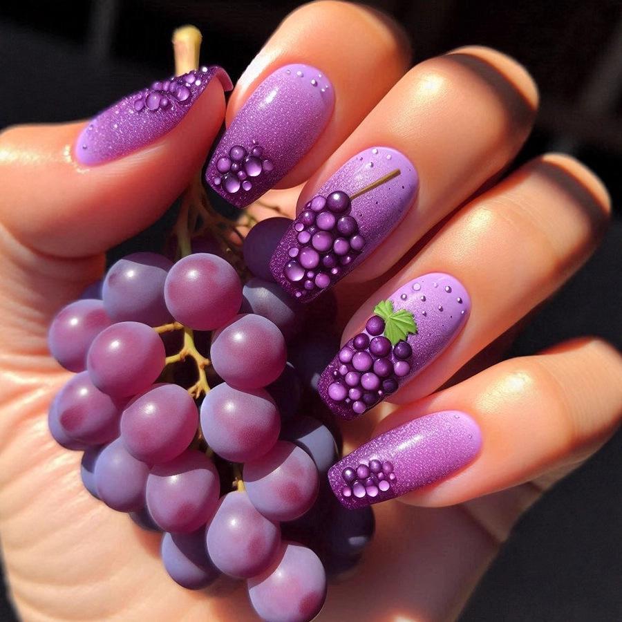 Purple Grape 3D Embossed Press-On False Nails - Stylish Nail Art Pieces