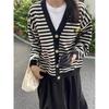 Autumn and winter new striped smiley face knitted cardigan sweater women's jacket fashionable versatile lazy V-neck long-sleeved top