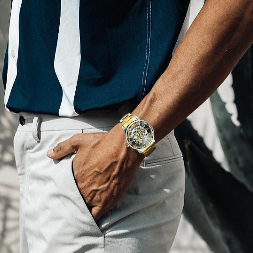 WINNER Retro Gold Mens Watches Top Brand Luxury Mechanical Watch for Men Stainless Steel Strap Business Skeleton Watch Luminous