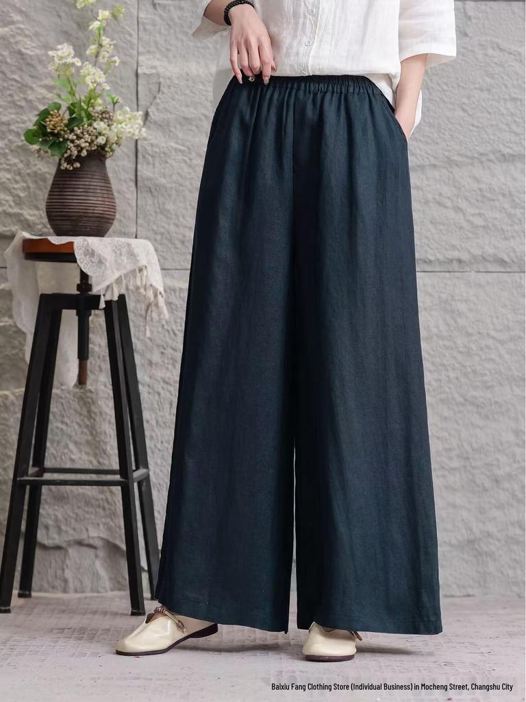 Women's 2026 Summer Linen Wide-Leg Pants: Solid Color, Loose Fit, Large Size, Casual Fashion