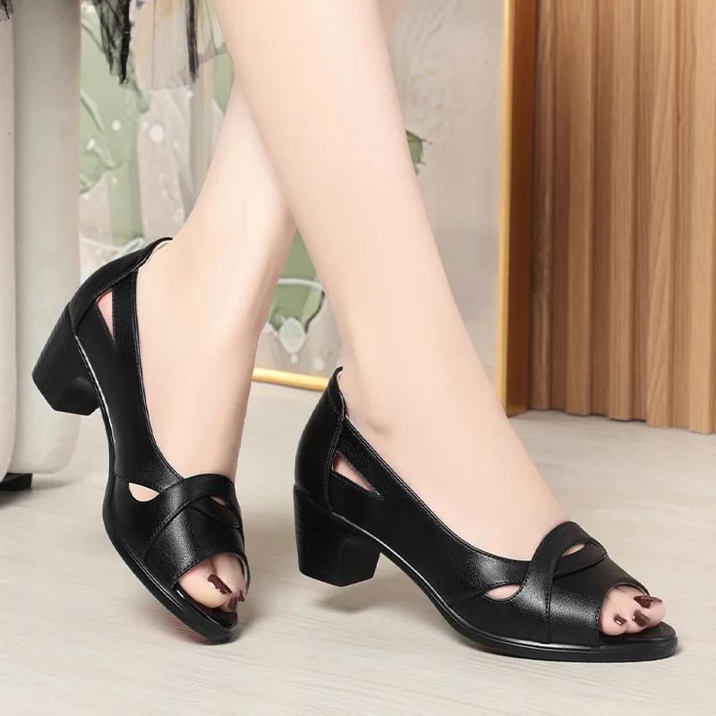 

5см Все Подходящие Дышащие Удобные Туфли из Мягкой Кожи с Мед-блочным Каблуком, Сандалии, Офис, Мама, Лето-Осень 2025 41