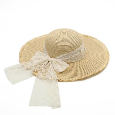 Chapéu de sol de abas largas, chapéu de palha com proteção solar para a praia, pérola pastoral, chapéu de palha pequeno e doce