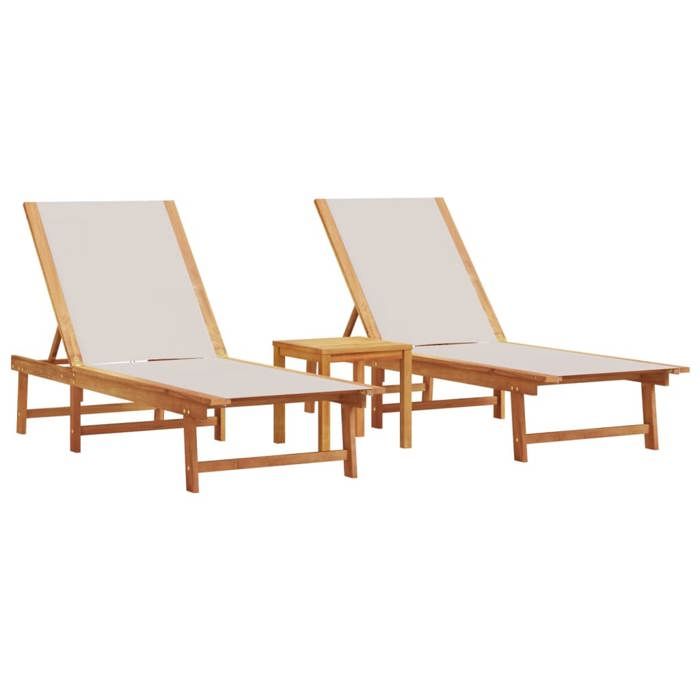 VidaXL Chaises longues lot de 2 table gris bois d'acacia et textilène, lit de soleil, lit de repos, chaise longue 3279253