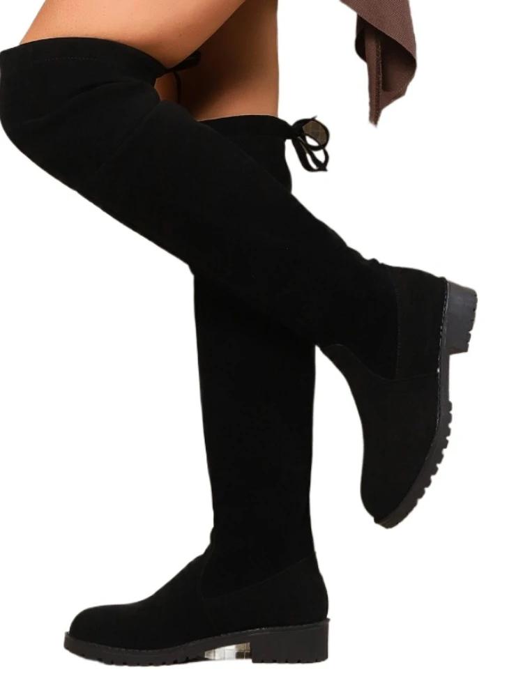 Fashion 2024 Winter High Quality Women's Boots New Fashion Round Toe Solid Color Square Heel Suede Lace Up Women's High Fashion Boots