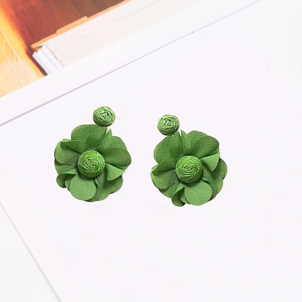 Rattan Earrings Summer Boho Handwoven Big Fabric Chiffon Rattan Flower Drop Earrings Statement Tropical Beach Vacation Jewelry