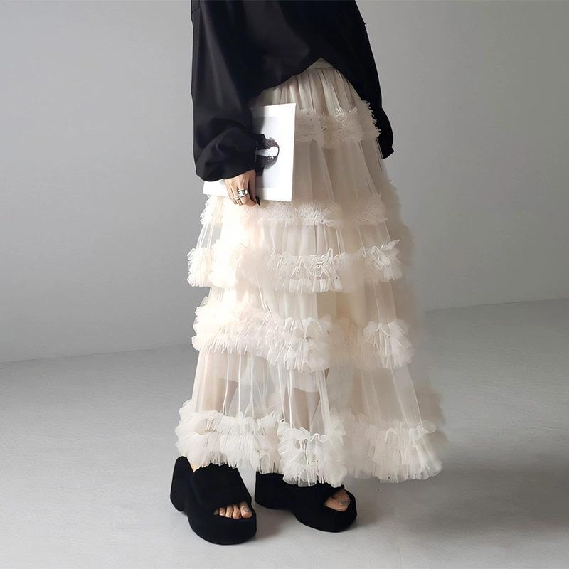Japanese Style Spring/Summer Women's A-Line Midi Skirt with Anti-Exposure Hand-Stitched Three-Layer Net Yarn