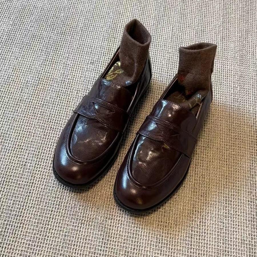 

Коровья кожа~ Ретро французские маленькие кожаные туфли на одной педали на толстом каблуке на плоской подошве одинарные туфли британский стиль для работы платформа лоферы женские 40 коричневый