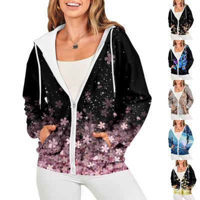 Damen Casual Fashion Bedruckter Langarm Pullover Hoodies Reißverschluss Sweatshirts Mantel