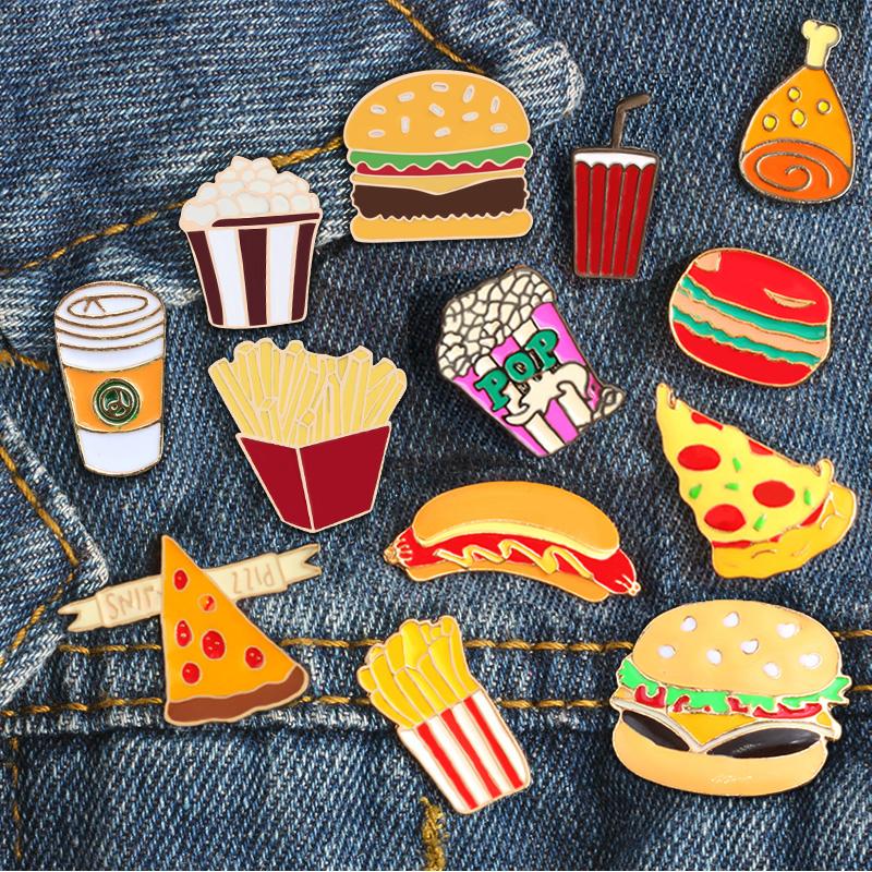 13 Style Snack Brooch Burger Pizza Chicken Drinks Coffee Popcorn French Fries Hot Dog Enamel Pins Food Brooche For Women Jewelry