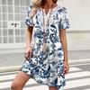 Damenkleid mit kurzen Ärmeln, lockerem Schnitt, knielang, mit geometrischem Print und besticktem Ausschnitt für den lässigen Alltagsgebrauch