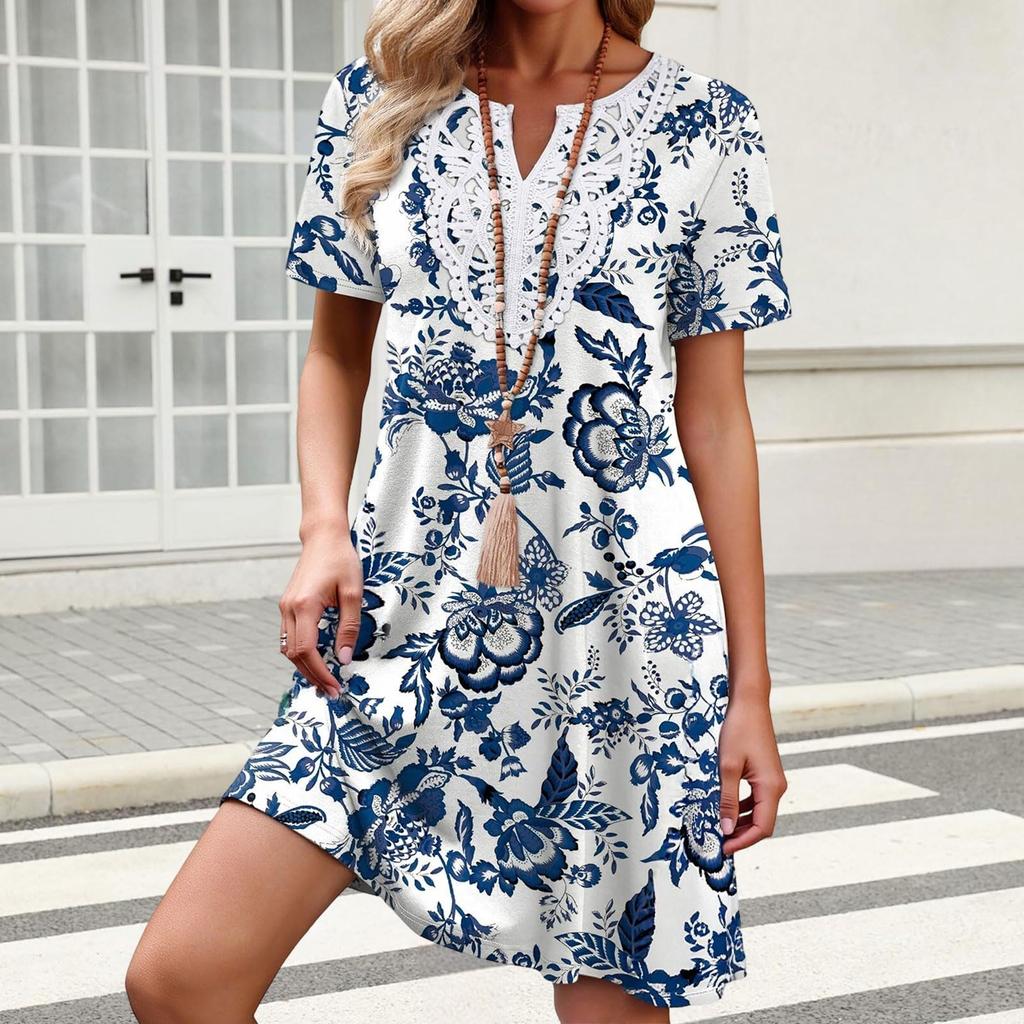 Damenkleid mit kurzen Ärmeln, lockerem Schnitt, knielang, mit geometrischem Print und besticktem Ausschnitt für den lässigen Alltagsgebrauch