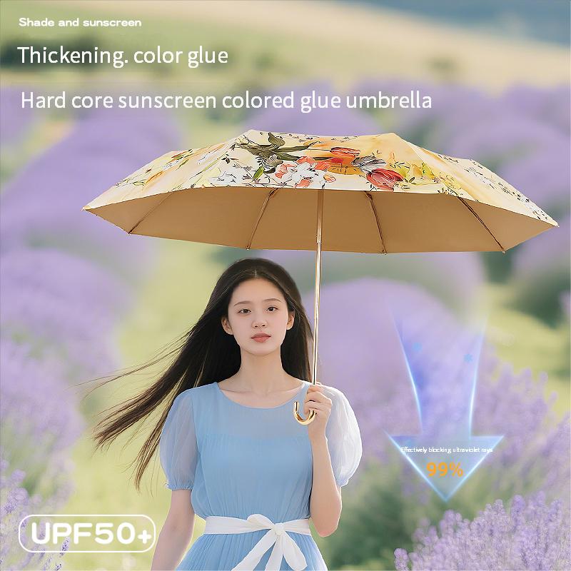 French Oil Painting Three-Fold Small Gold Hook Parasol Protection Against Ultraviolet Women'S Rainy Umbrella Sun Umbrella Small