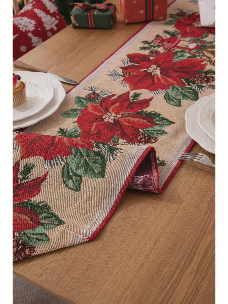 Jacquard Polyester-Cotton Christmas Table Runner with Floral Bells