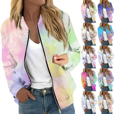Women's Jacket Long Sleeve Lightweight Zipper Cropped Multicolor Printed Outerwear Casual Quilted Jacket With Pockets