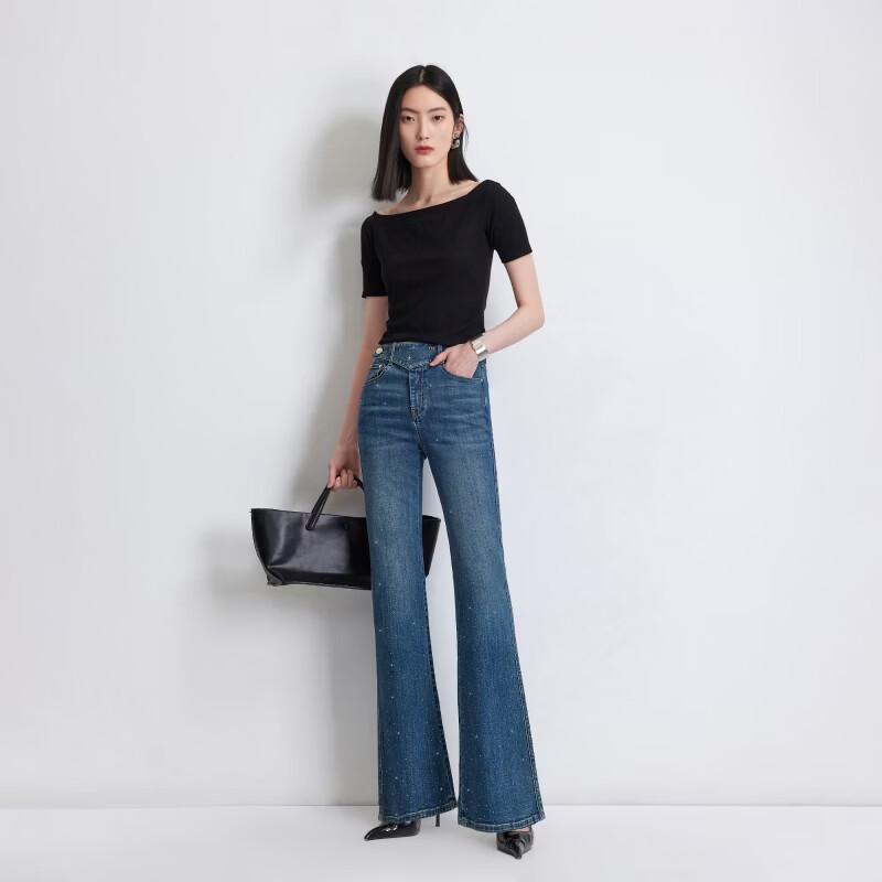 VEROMODA Women's Rhinestone Slant Waist Flared Jeans