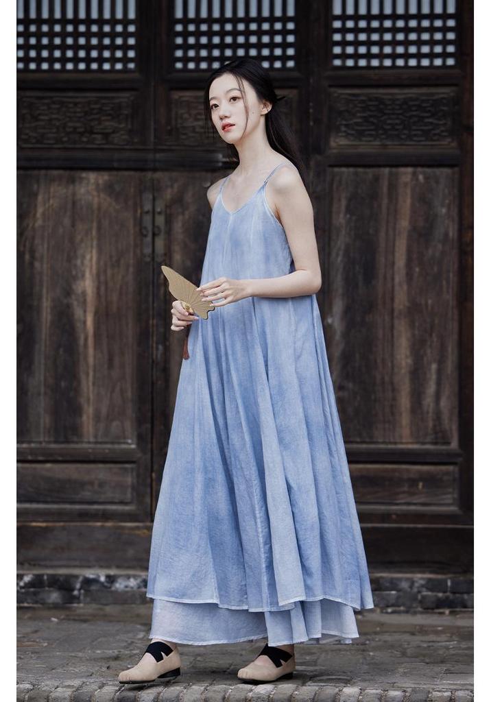 2025 Summer Dark Silent Willow Patchwork Camisole Dress with Large Hem