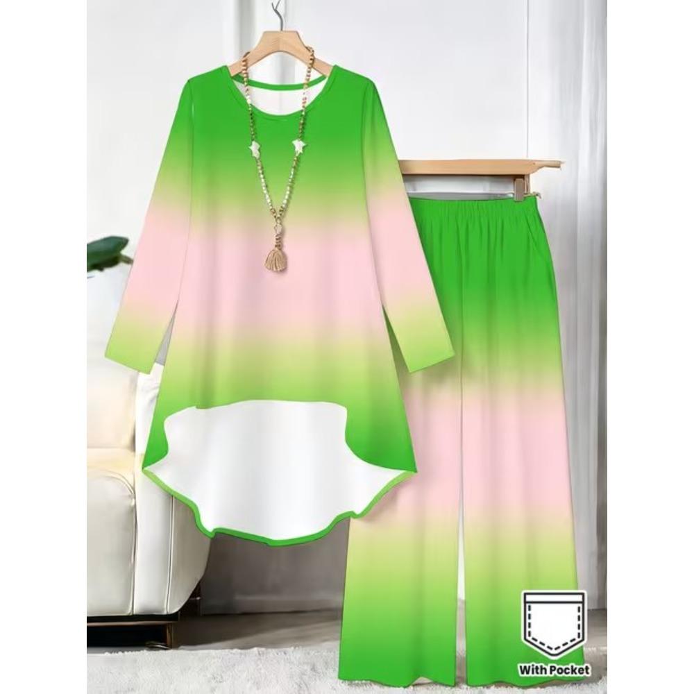 Butterfly Print Two Piece Outfit Women Long Sleeve Irregular Hem Tunic Top Wide Leg Pants Casual Matching Set