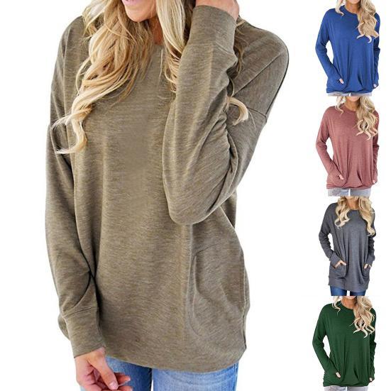 חולצת טי-שירט רפויה לנשים, צבע אחיד, שרוולים ארוכים, עם כיסים, טוניקה רפויה, סתיו