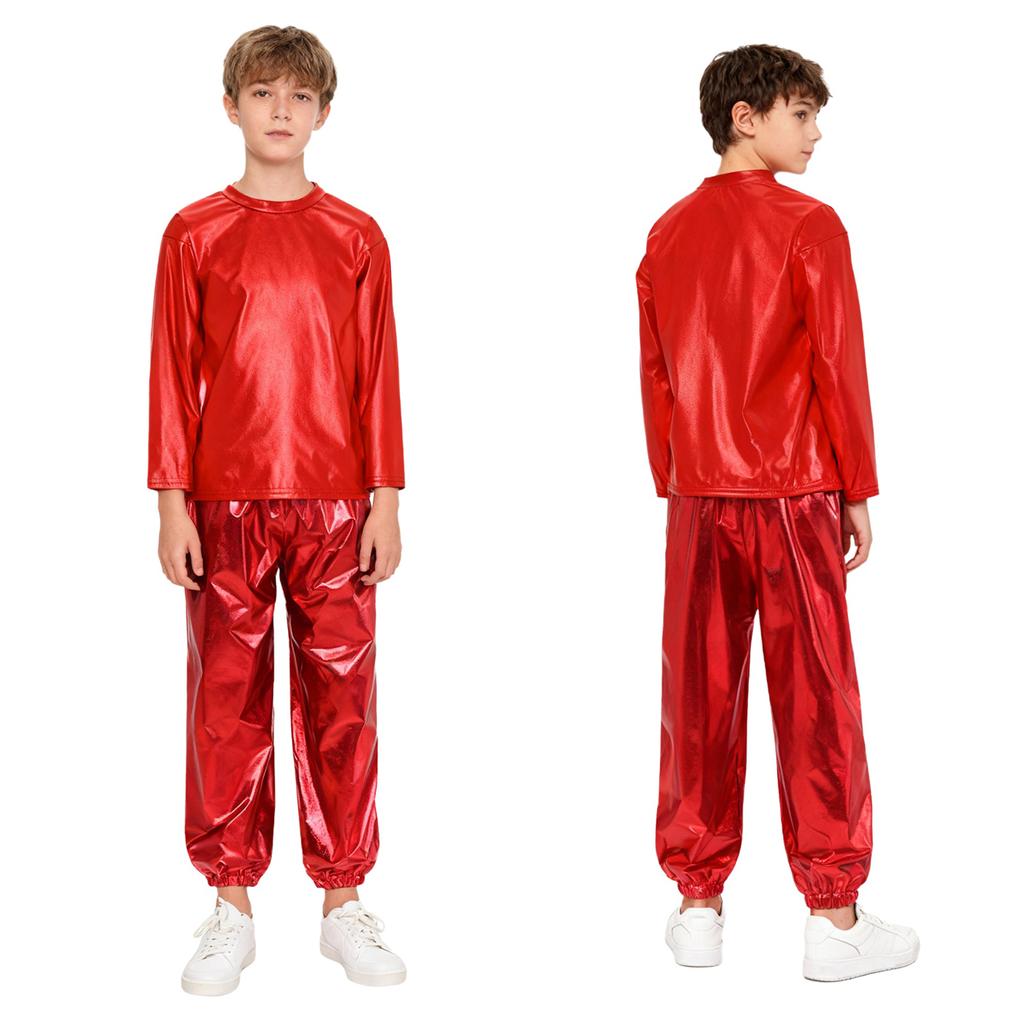 Kids Girls Dance Performance Outfit 2-Piece Set: Metallic Shiny Long Sleeve T-shirt & Matching Shiny Pants for Stage & Party