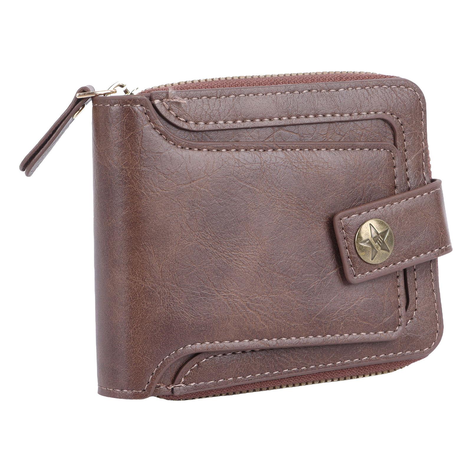 Мужской кошелек Кошелек-трифолд Искусственная кожа Ретро Застежка-молния Пряжка Множество отделений Большая вместимость Портативный кошелек для путешествий коричневый