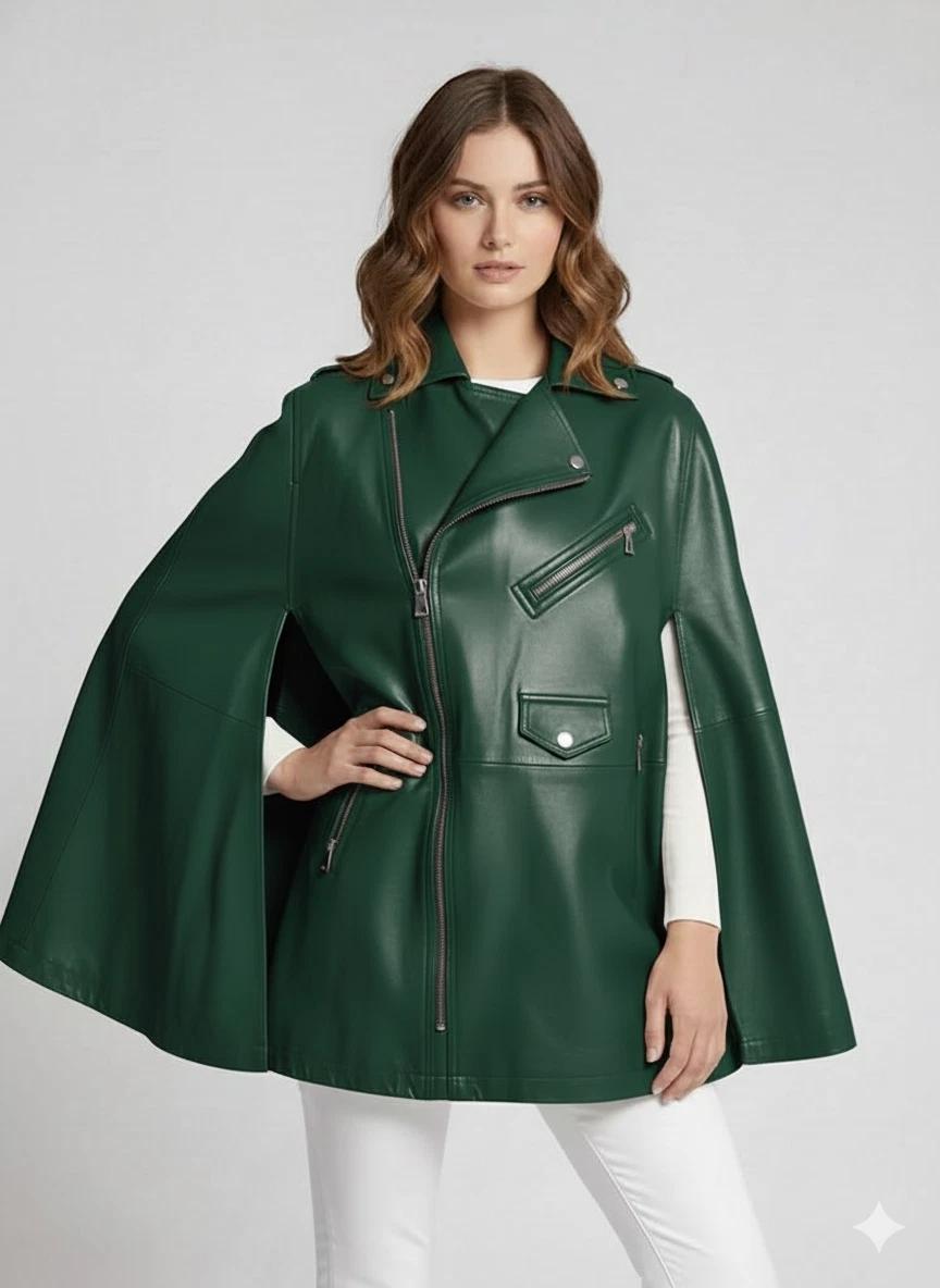 

New Style Casual Unique Real Lambskin Leather Poncho Green Women s Wear Biker Jacket 3XL зелений