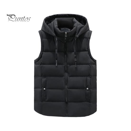Unisex Cotton Waistcoat Hooded Stand Collar Drawstring Sleeveless Zipper Placket Vest Coat with Pockets Solid Color Thickened Warm Vest Jacket