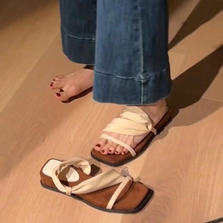 Sheepskin version~ Retro two wear one word with square head cool slippers women wear versatile thick-soled open-toed comfortable sandals summer