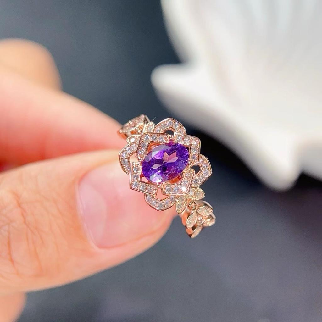 Pure CopperCrystal Ring 5x7mm 0.7ct Natural Amethyst Ring with Certificate 18K Gold Plated Amethyst Fine Jewelry