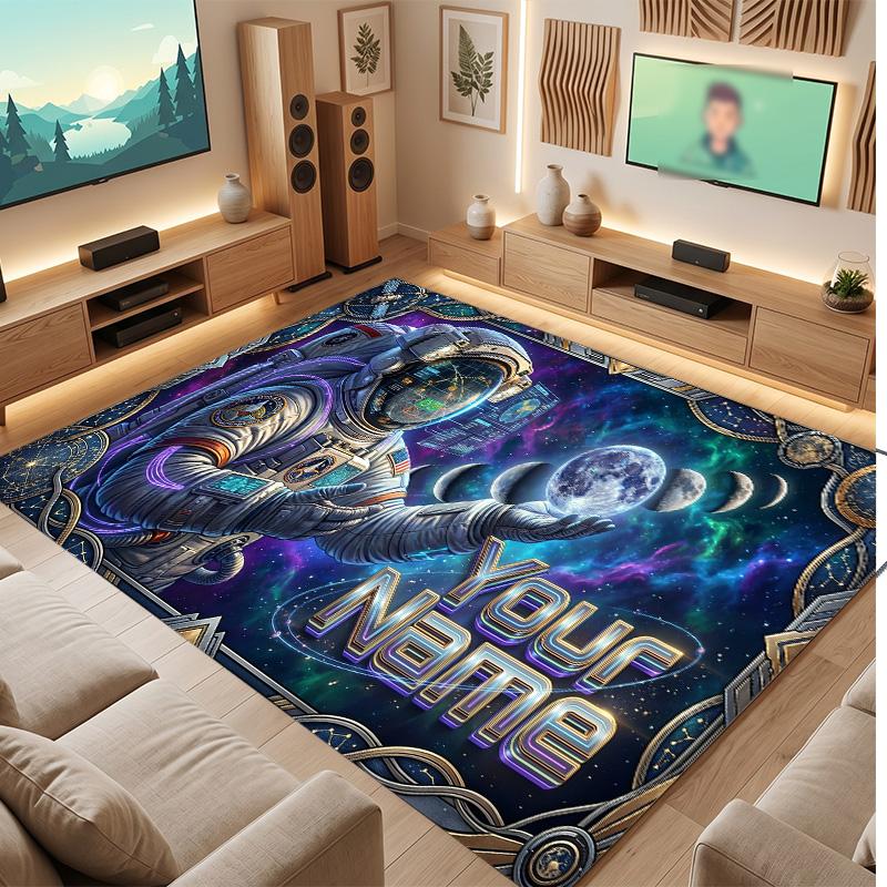 Astronaut Space Theme Soft Crystal Velvet Rug Custom Name & Text Print Non Slip Floor Rug for Bedroom Living Room