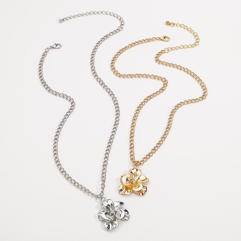 Women French Minimalist Design Metal Flower Stud Earrings Elegant Double Layer Flower Rhinestone Necklace Ring Jewelry