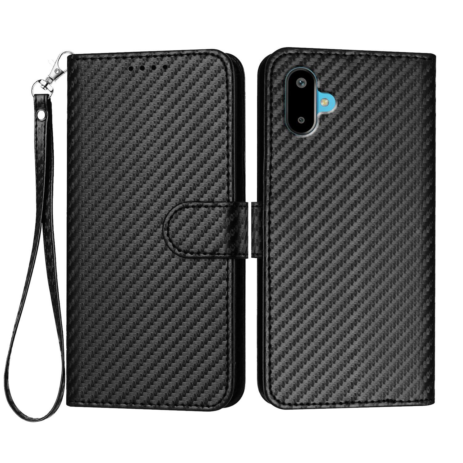 

For Samsung Galaxy M06 5G/Galaxy F06 5G Wallet Case with Strap Carbon Fiber Texture Leather Mobile Cover Black