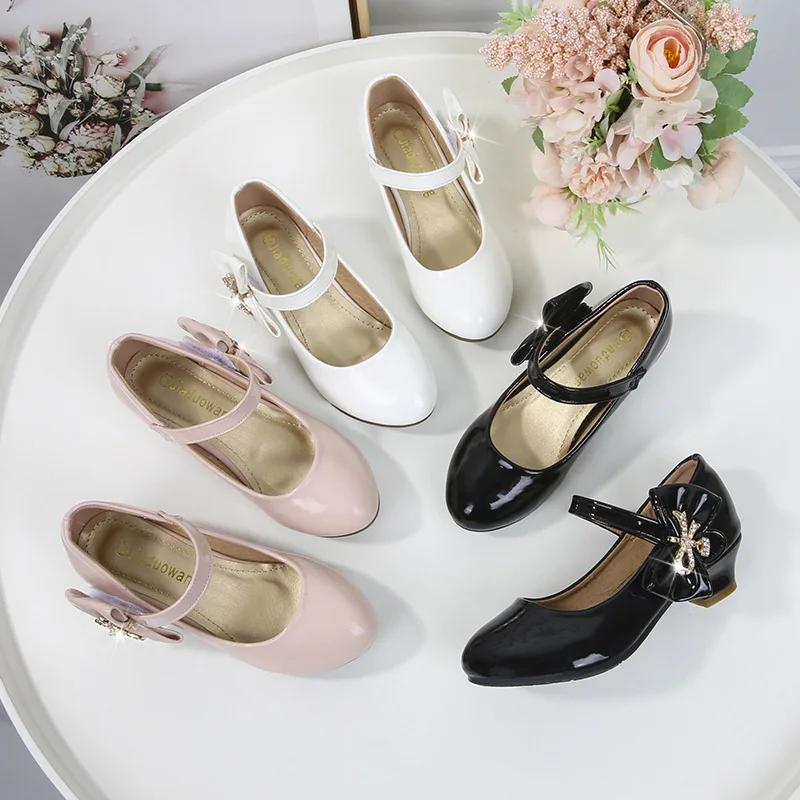Girl's High Heel Shoes Black White Versatile Kids Fashion Princess Leather Shoes Elegant Bowknot Causal Children's Dress Shoes