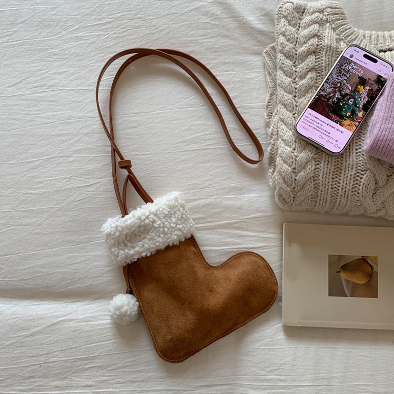 Portable Simple Style Suede Crossbody Bag Fluffy Lightweight Lamb Shoulder Bag Travel Christmas Sock Bag Women
