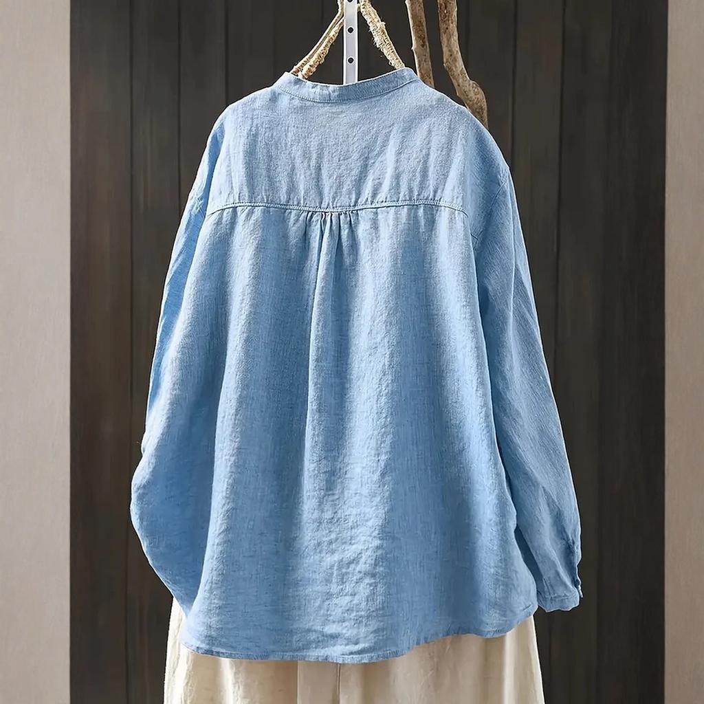 Women's ,color Cotton And Linen Long,sleeved Cardigan Shirt Top