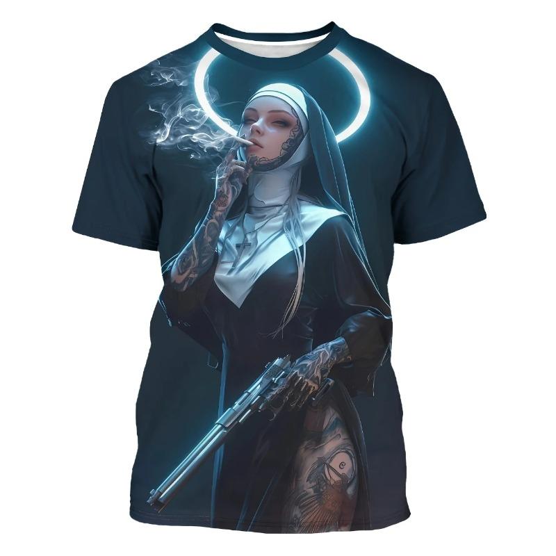 Men's with Smoking Nun 3D Graphic T-Shirt Black Casual Summer