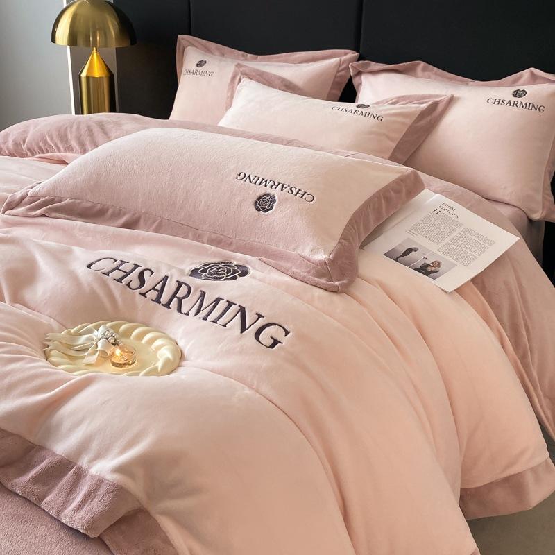 Light Luxury Embroidered Milk Fleece Bed Four-piece Set Winter Thickened Bed Sheet Quilt Cover Pillowcase