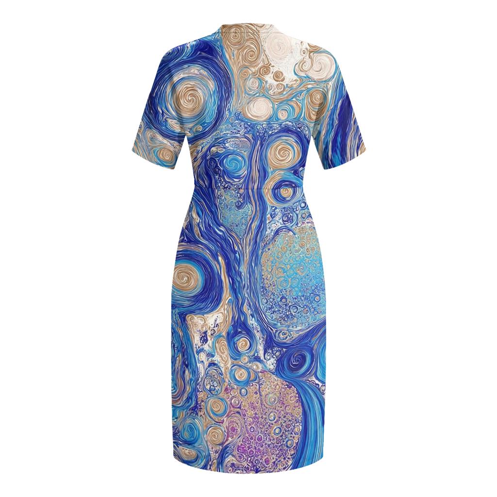 Letní nadměrné velikosti V výstřih krátký rukáv ke kolenům kapsa potisk ležérní šaty pro ženy