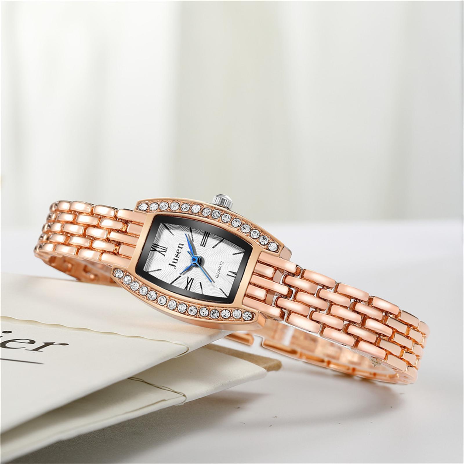 

Ladies Diamond Studded Wine Barrel Shaped Steel Strap Bracelet Quartz Watch One Size розового золота