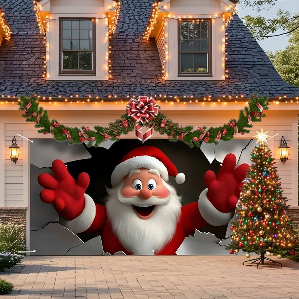Christmas Background Cloth Santa Claus Breaking Open Paper Garage Door Banner For Living Room Entrance Corridor Window Clings