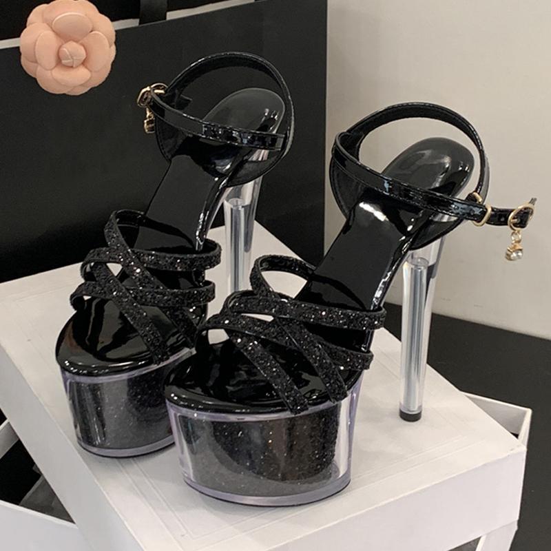Fashion Liyke Fashion Buckle Strap Platform Sandals Women Gold Sequined Narrow Band Open Toe 17CM Transparent Heels Wedding Banquet Shoe