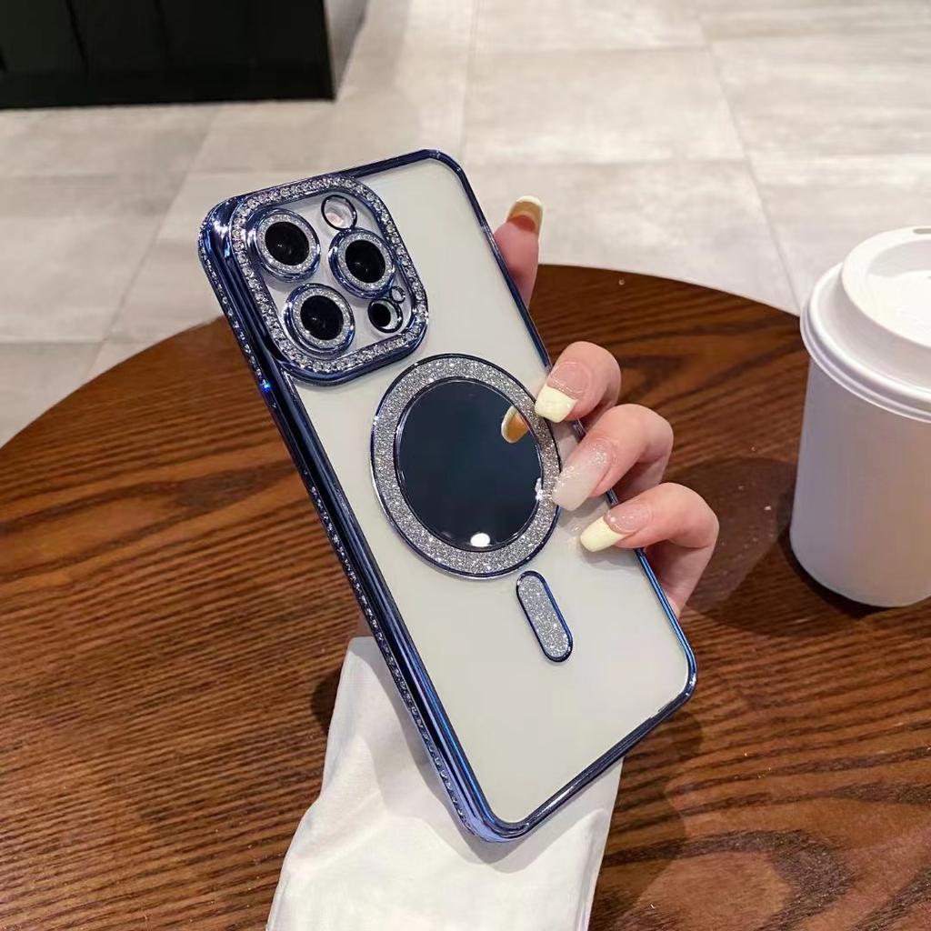Applicable To Iphone17Pro Rhinestone Flash Powder Magnetic Suction Mobile Phone Case Mirror Apple 16 Luxury Transparent 15 Protective Case