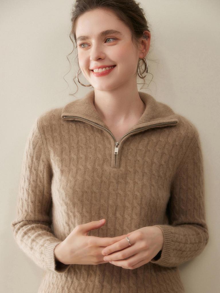 Damski pogrubiony kaszmirowy sweter dzianinowy zapinany na pół zamek - Luźny krój, miękki, kołnierz wywijany na jesień i zimę