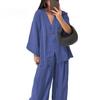 Conjunto de Duas Peças de Algodão Linho Feminino Manga Comprida Decote V Blusa com Botões Calças de Perna Larga Conjunto Casual de Roupa de Descanso